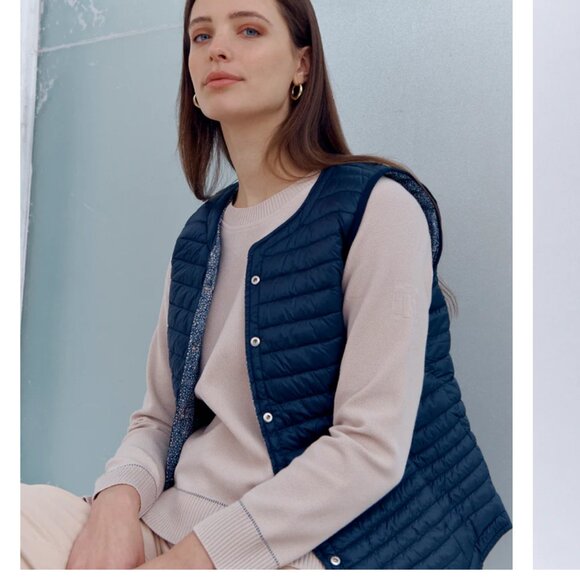 Devernois women's reversible (navy to navy & white) down sleeveless jacket sz S - Picture 1 of 9